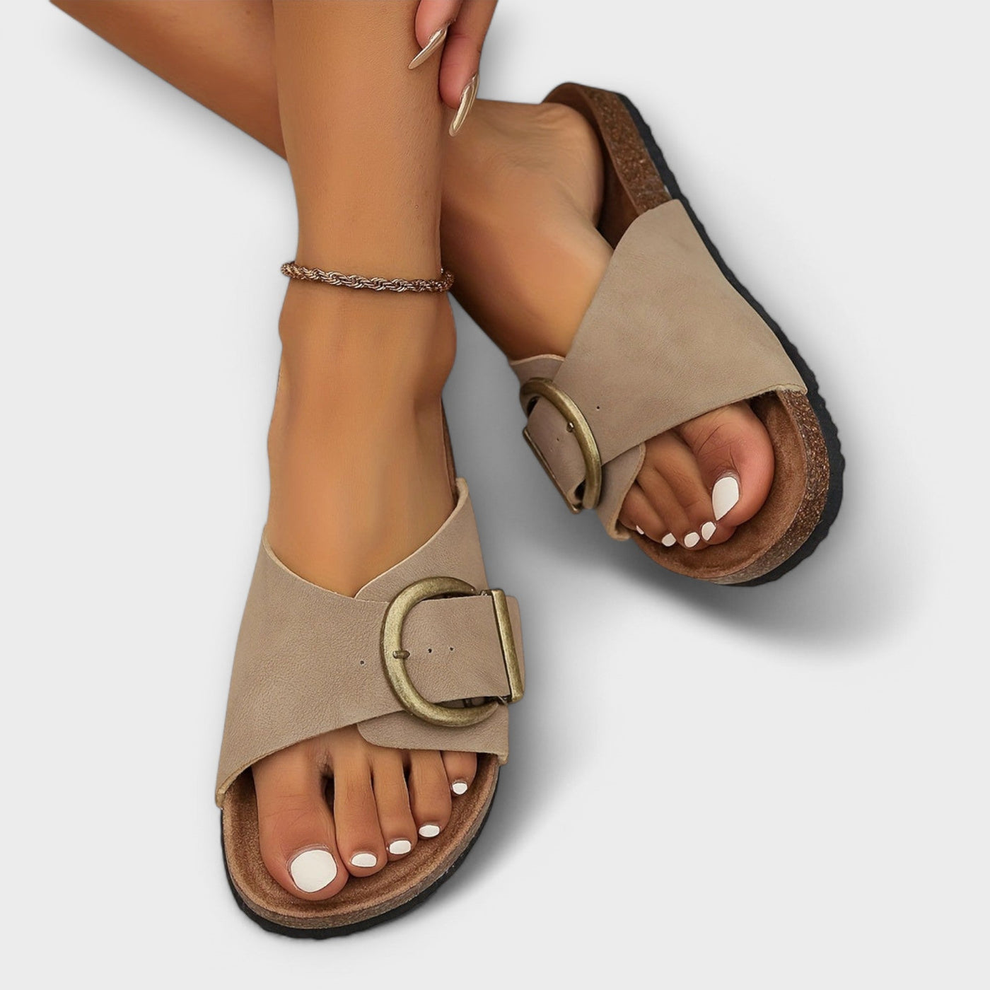 Margie - Damen Kork Pantoletten mit Schnallenriemen Design